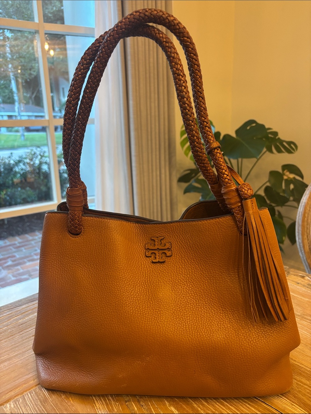 Tory Burch Cognac Braided-Handle Leather Shoulder Bag with Tassel - Picture 2 of 13